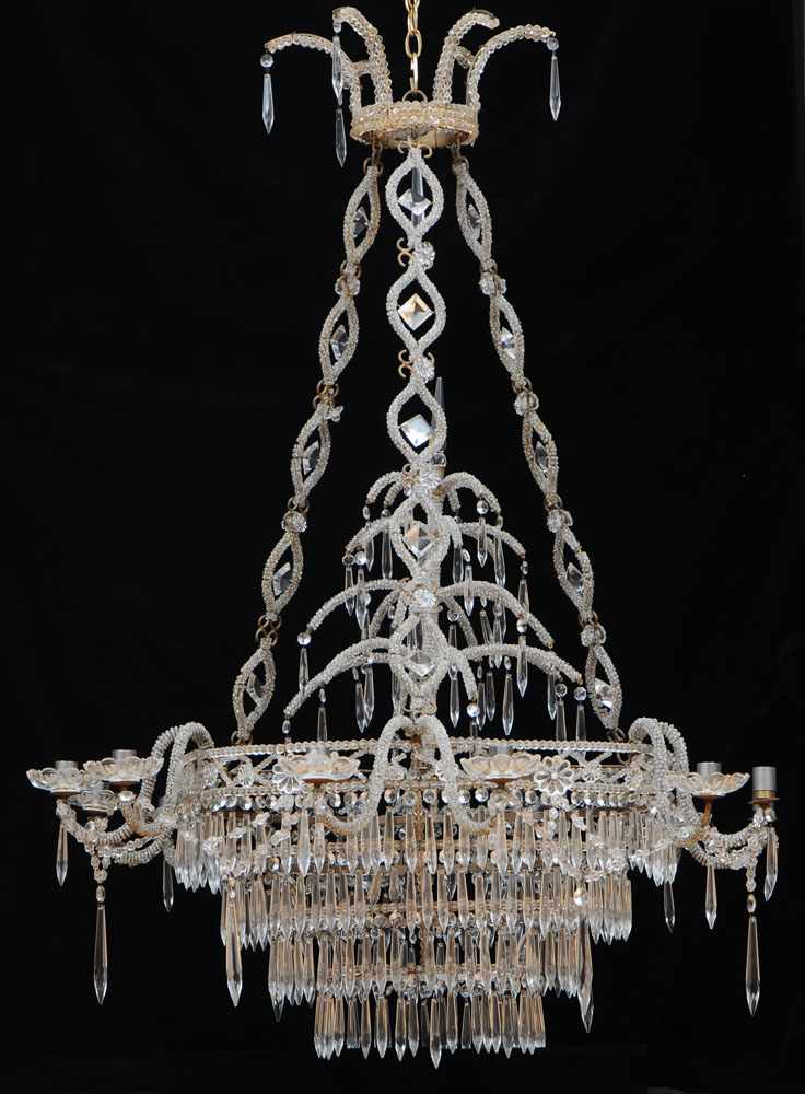 Appraisal: SWEDISH NEOCLASSICAL STYLE BEADED GLASS TWELVE-LIGHT CHANDELIER Of typical form