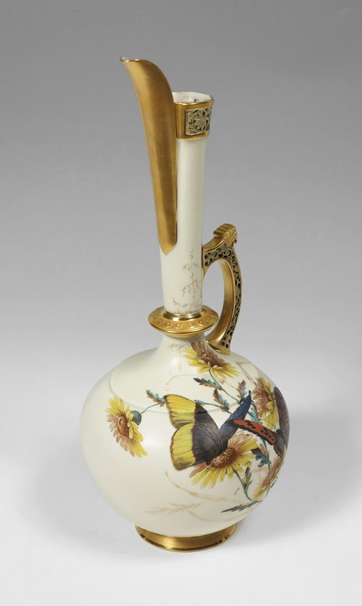 Appraisal: ROYAL WORCESTER HAND PAINTED EWER Butterflies and daisies Reticulated handle