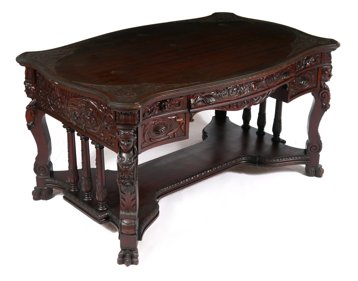 Appraisal: KARPEN QUALITY FIGURAL CARVED MAHOGANY PARTNERS DESK Profusely carved all