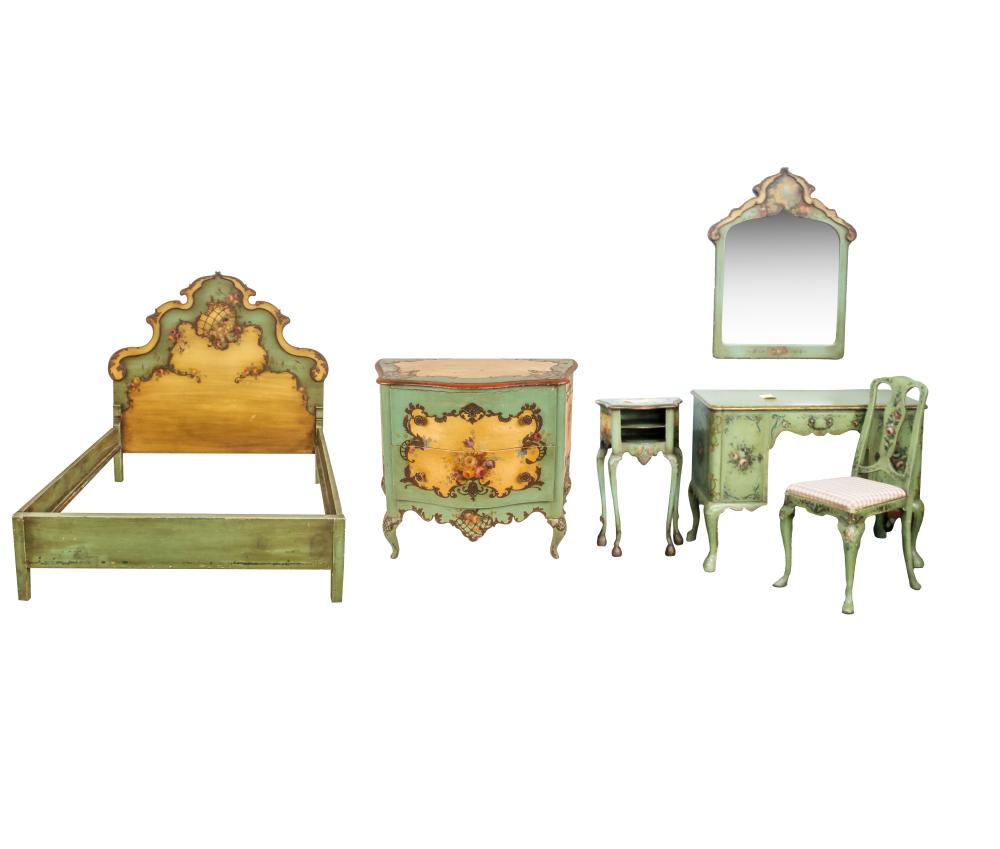 Appraisal: VENETIAN ROCOCO-STYLE PAINTED WOOD BEDROOM SETcomprising a full-size bed inches