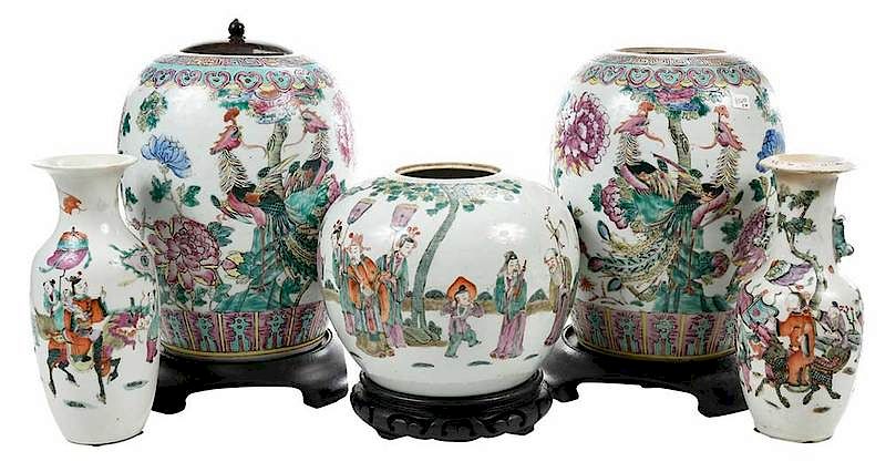 Appraisal: Five Chinese Famille Rose Vases probably th th century enamel