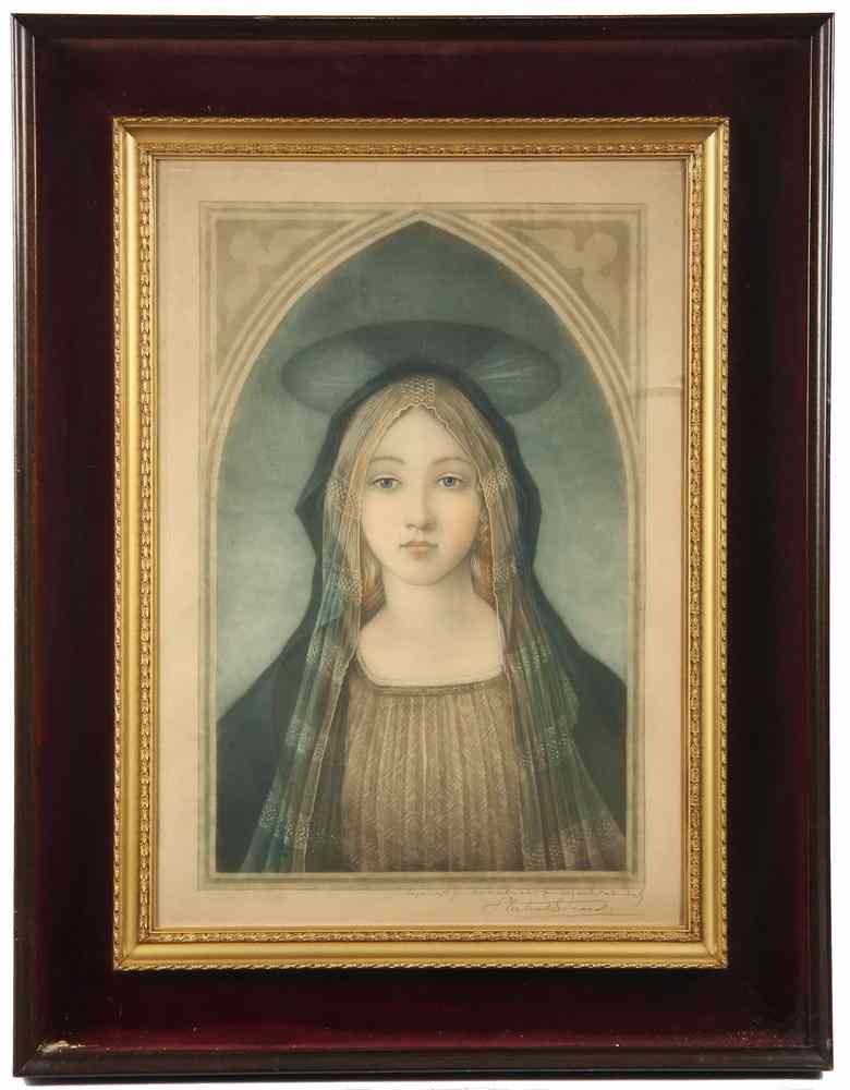 Appraisal: HANDCOLORED ENGRAVING - Madonna in Gothic Arch illegibly signed and