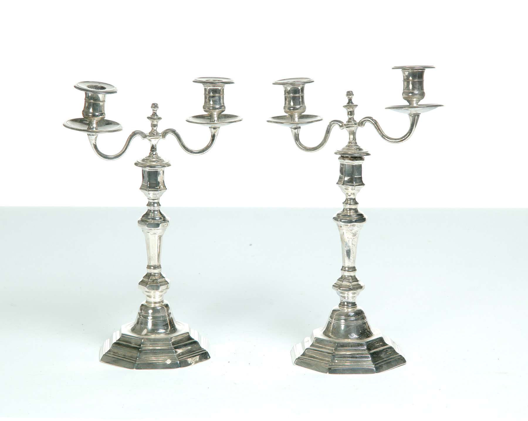 Appraisal: PAIR OF SILVER CANDELABRA European th century Octagonal bases threaded