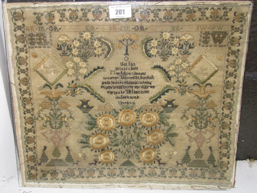 Appraisal: Unframed antique needlework sampler