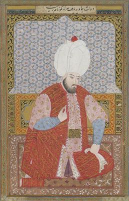 Appraisal: A Persian painting of Suleiman the Magnificent seated on a