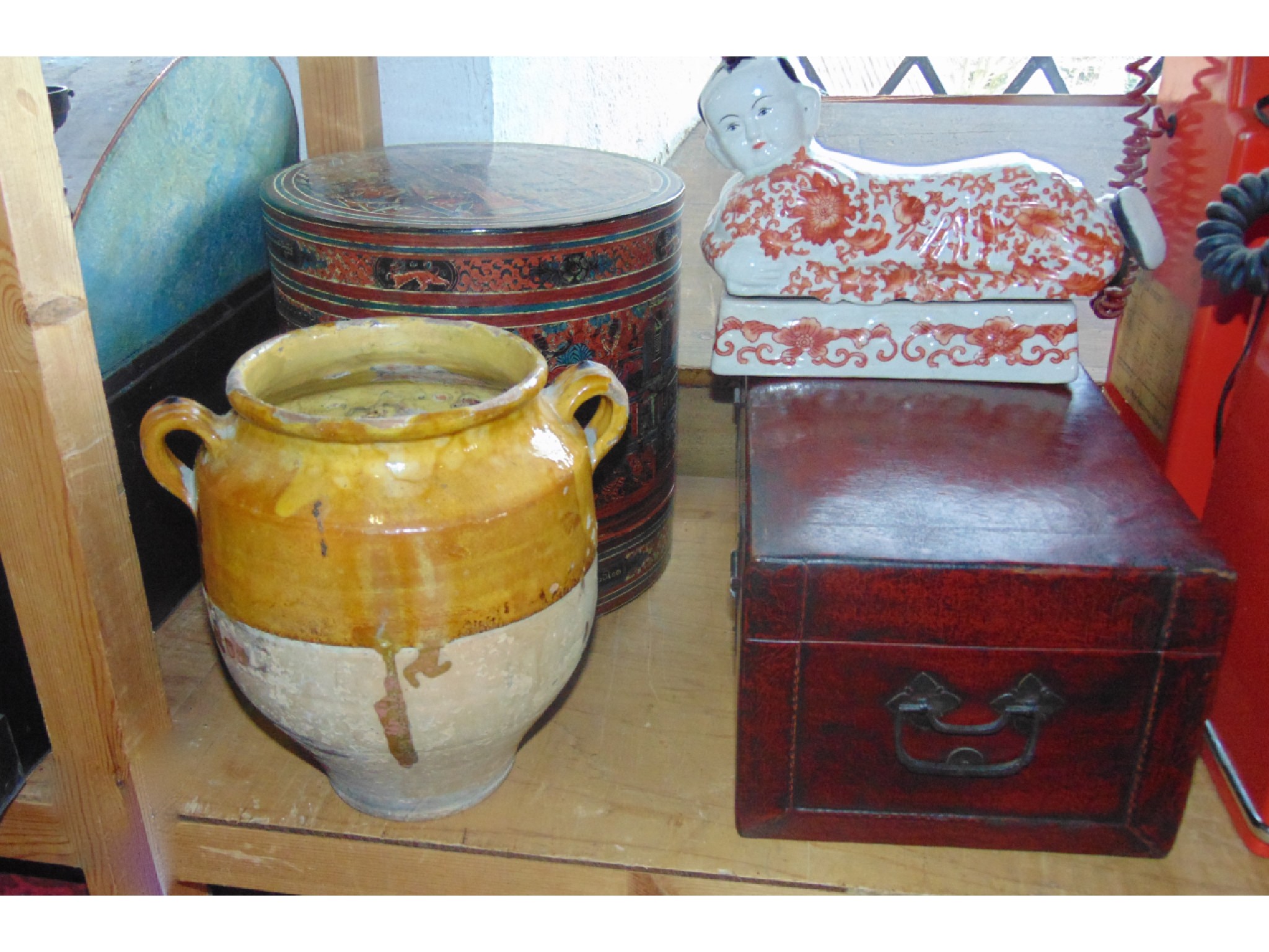 Appraisal: A lacquered and painted oriental lidded compartmental storage box together