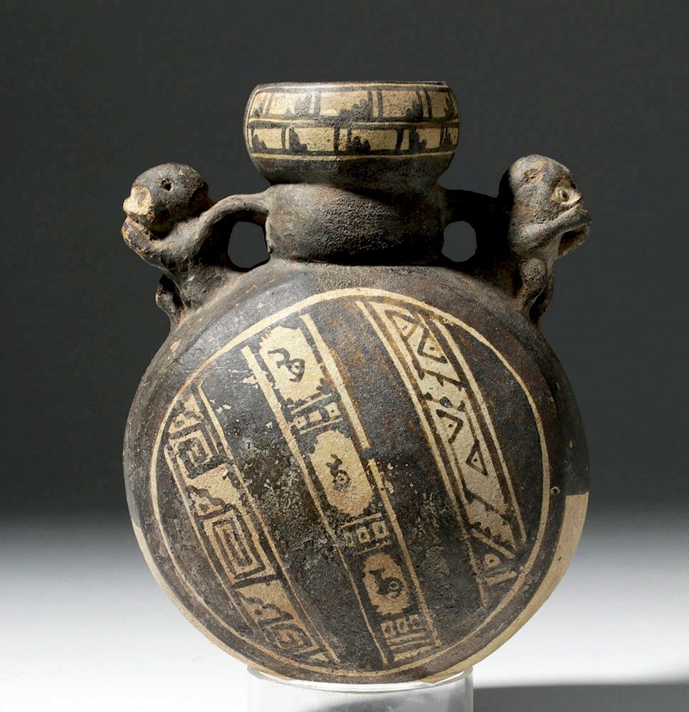 Appraisal: Chancay Bichrome Pottery Canteen w Twin Monkeys Pre-Columbian Central Coast