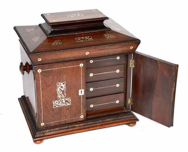 Appraisal: A REGENCY ROSEWOOD AND MOTHER OF PEARL INLAID TABLE WORKBOX