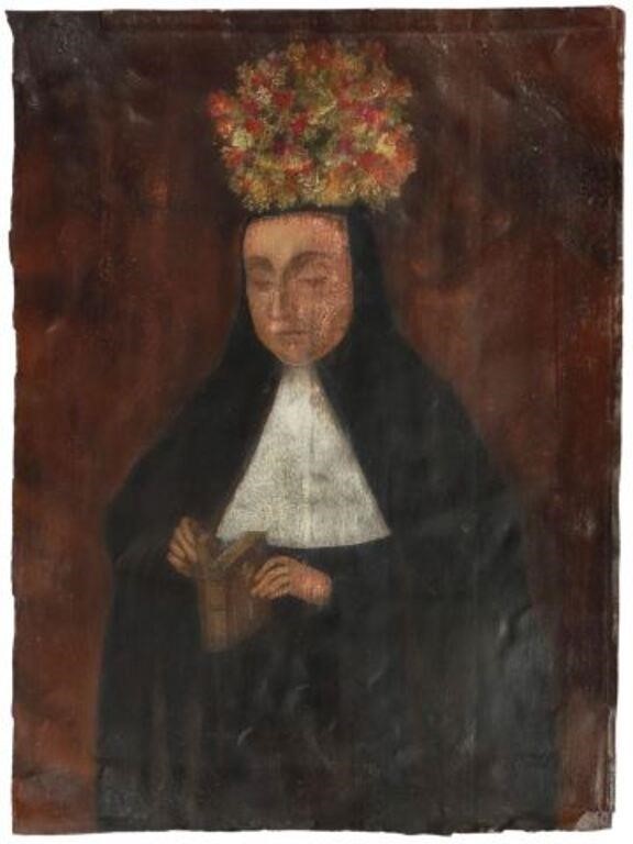 Appraisal: Unframed oil on tin retablo Monjas Coronadas Crowned Nun nun