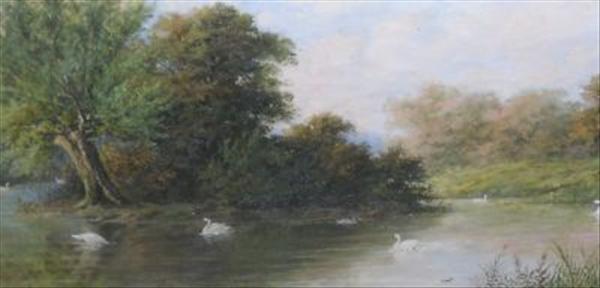 Appraisal: EM Edmonds Swans on the river Oil on canvas Signed