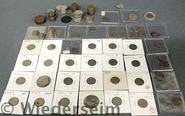 Appraisal: Group of fifty-five plus pieces circulated Flying Eagle pennies and