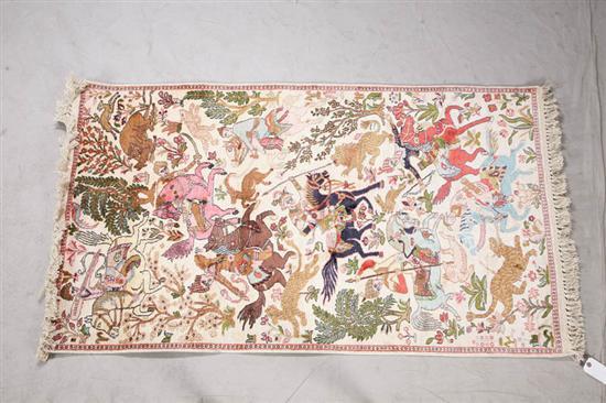 Appraisal: ORIENTAL RUG Hunting scene in art silk mercerized cotton '