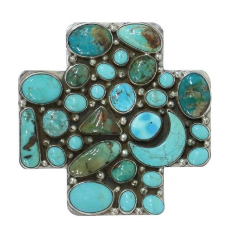 Appraisal: Native American sterling silver and turquoise belt buckle signed Kee