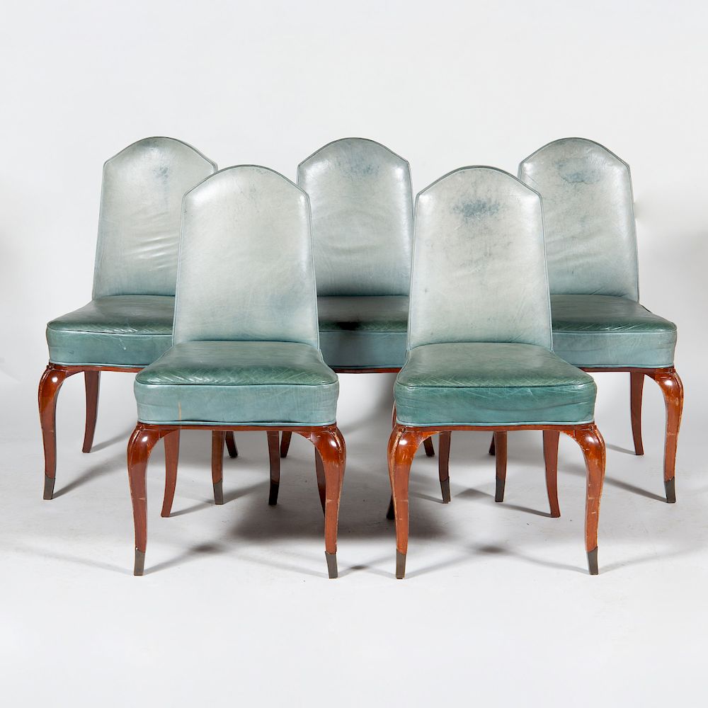 Appraisal: Five Art Deco Style Blue Leather Upholstered Mahogany Side Chairs