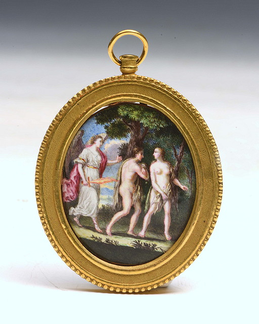 Appraisal: AN OVAL ENAMEL PLAQUE depicting 'Adam and Eve Driven Out