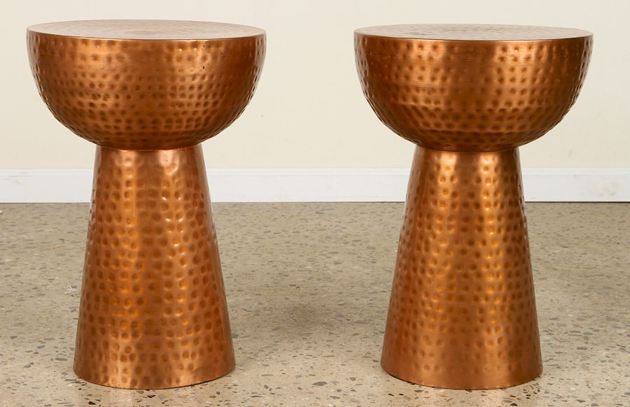 Appraisal: PAIR HAMMERED COPPER DRUM FORM END TABLES A pair of