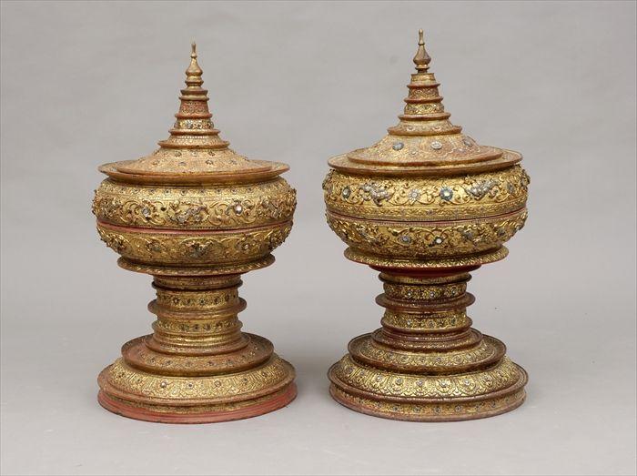 Appraisal: Two Burmese Glass-Inset Gilt and Red Lacquer Ceremonial Offering Vessels