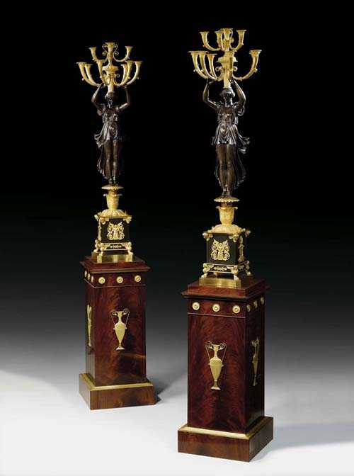 Appraisal: PAIR OF IMPORTANT BRONZE CANDELABRAS AUX VICTOIRES Empire attributed to