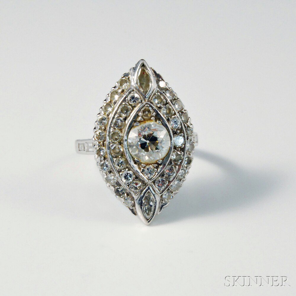 Appraisal: Platinum and Diamond Ring navette setting around a central diamond