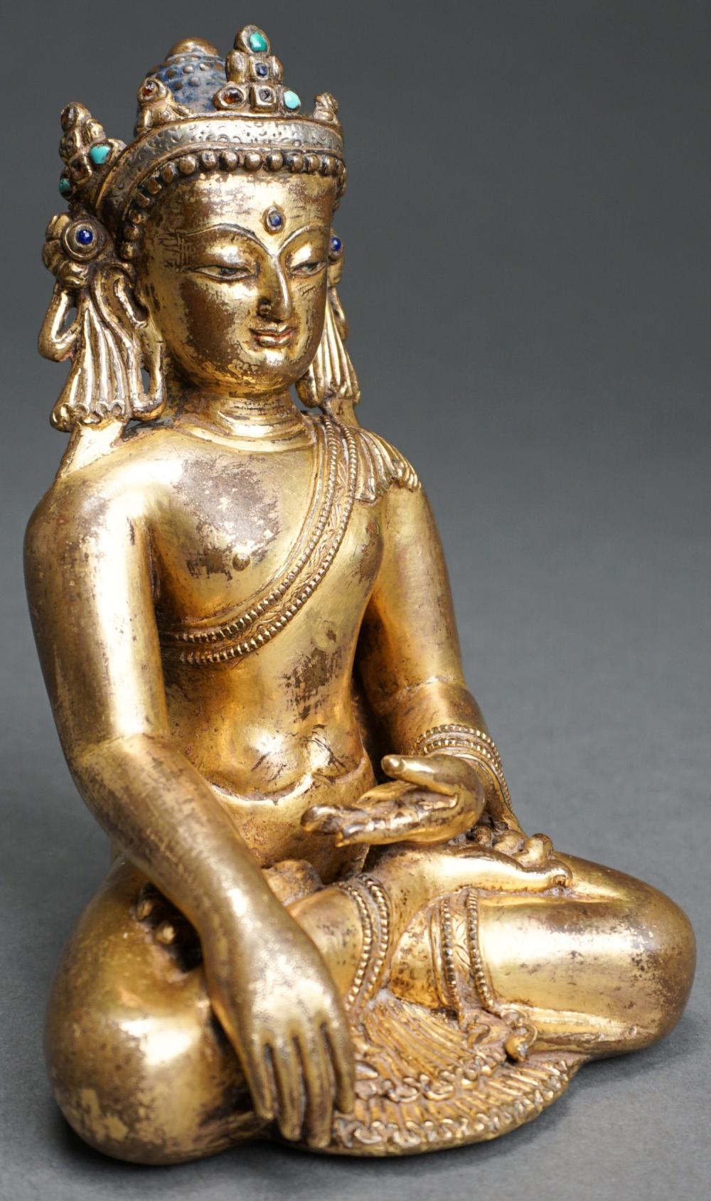 Appraisal: Sino-Tibetan Partial Jeweled Gilt Bronze Figure of a Seated Buddha