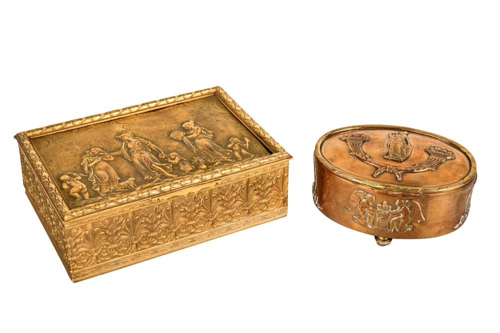 Appraisal: TWO ASSORTED FRENCH GILT BOXESeach relief-decorated with classical motifs the