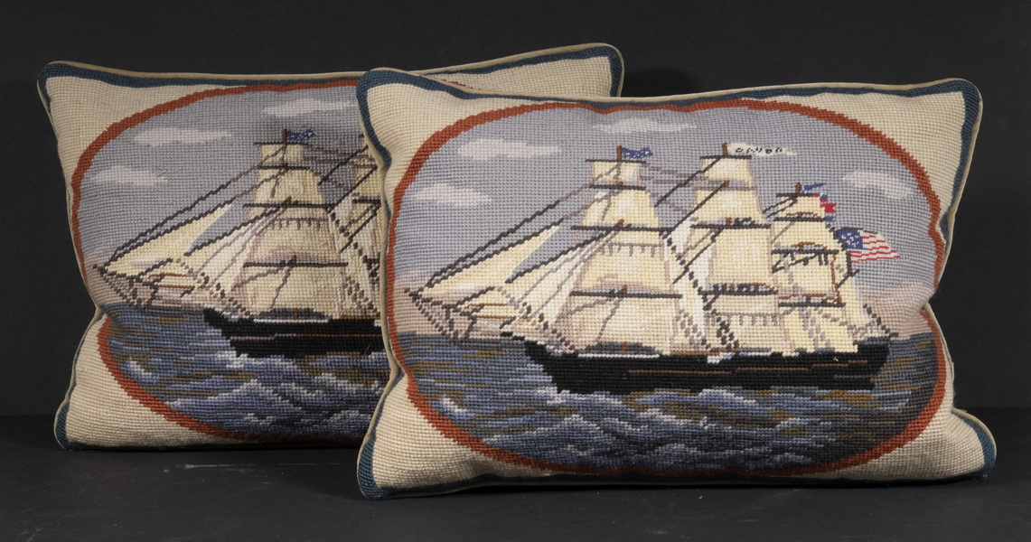 Appraisal: PR SHIP NEEDLEPOINT THROW PILLOWS Pair of Nautical Theme Rectangular