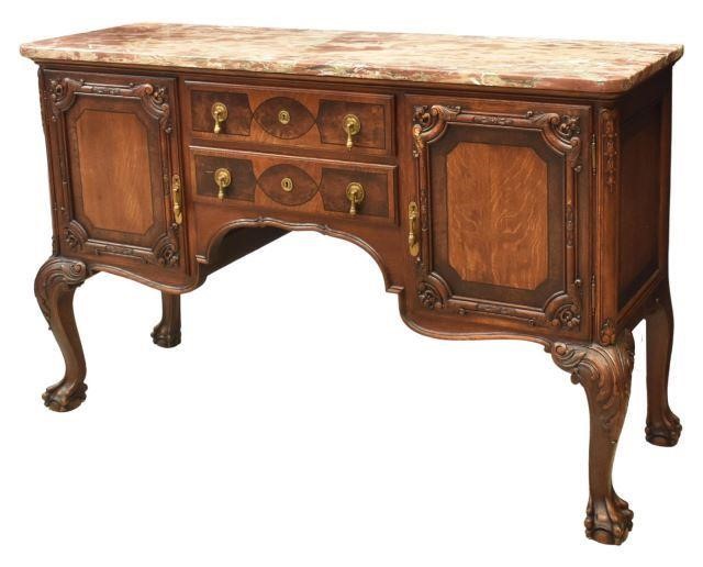 Appraisal: Chippendale style marble-top oak sideboard th c case with burlwood