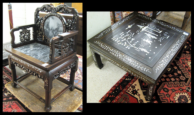 Appraisal: MOTHER-OF-PEARL INLAID ARMCHAIR AND LOW TABLE Chinese th century The