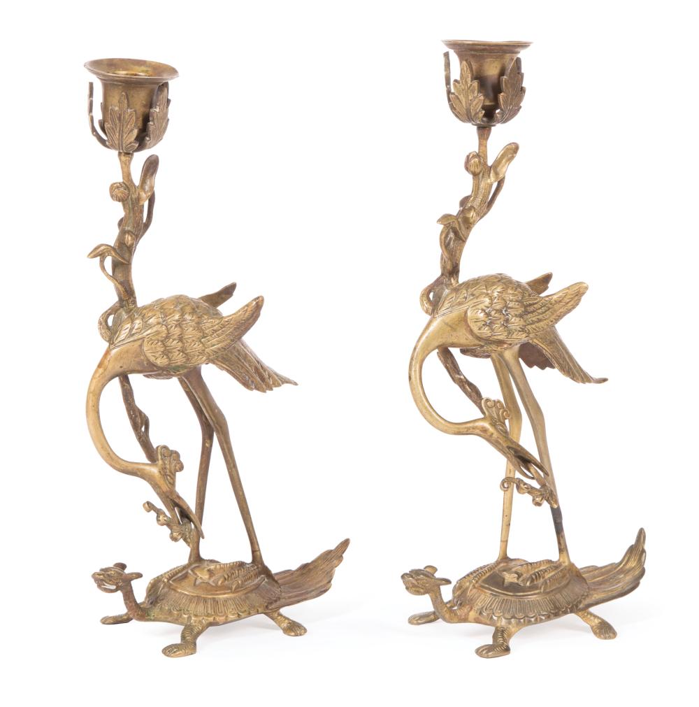 Appraisal: Pair of Chinese or Chinese-Style Bronze Candle Stands modeled as