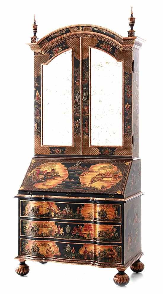 Appraisal: Queen Anne style Chinoiserie desk and bookcase arched bonnet above