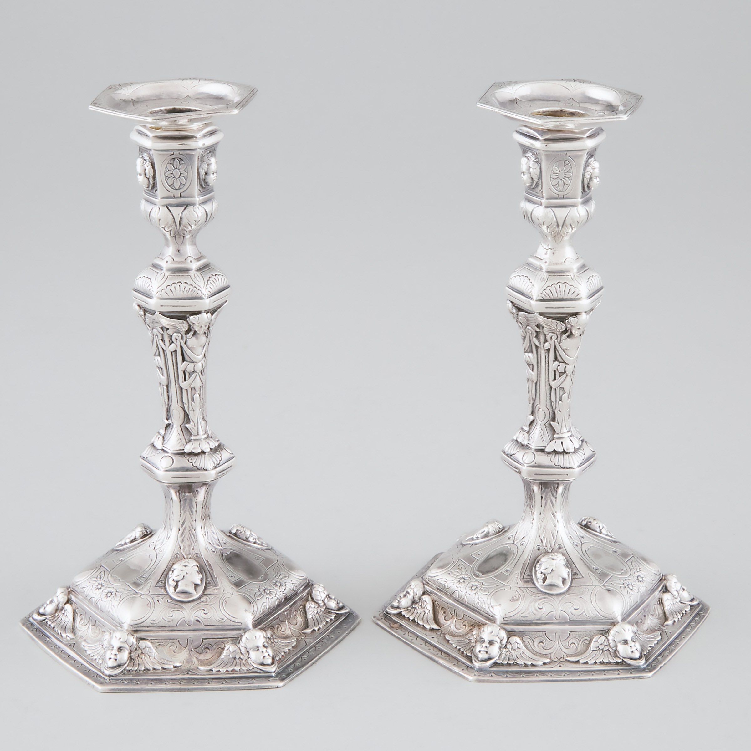 Appraisal: Pair of Edwardian Silver Renaissance Revival Table Candlesticks Sebastian Garrard