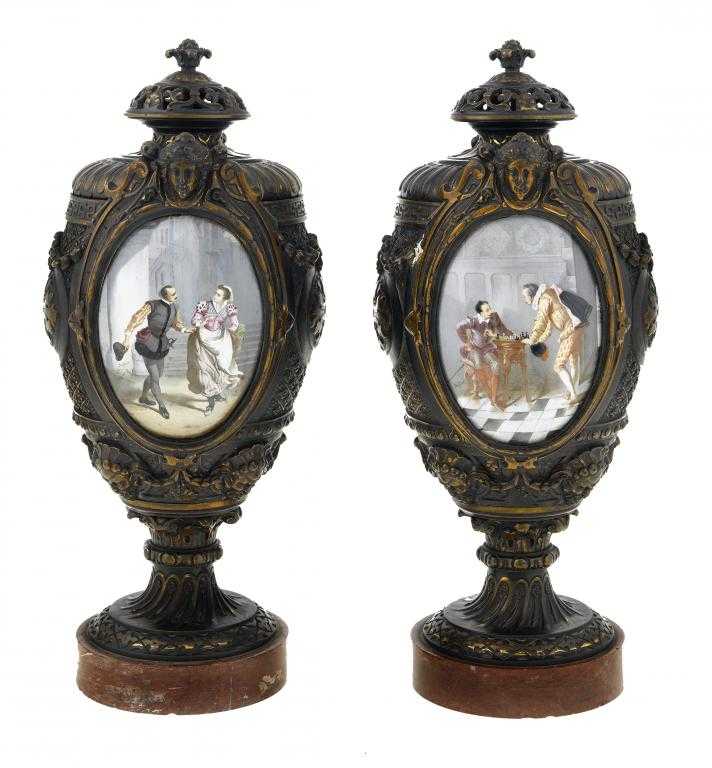 Appraisal: A PAIR OF FRENCH GILT BRONZE AND ENAMEL VASES in