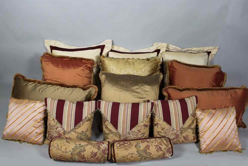 Appraisal: SIXTEEN DECORATIVE DESIGNER CUSHIONS Including two bolsters all with assorted