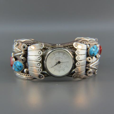 Appraisal: Indian Turquoise Coral Wristwatch Navajo signed H Y wide cuff