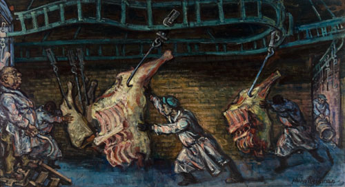 Appraisal: PHILIP REISMAN Beef-Handlers Oil on board x mm x inches