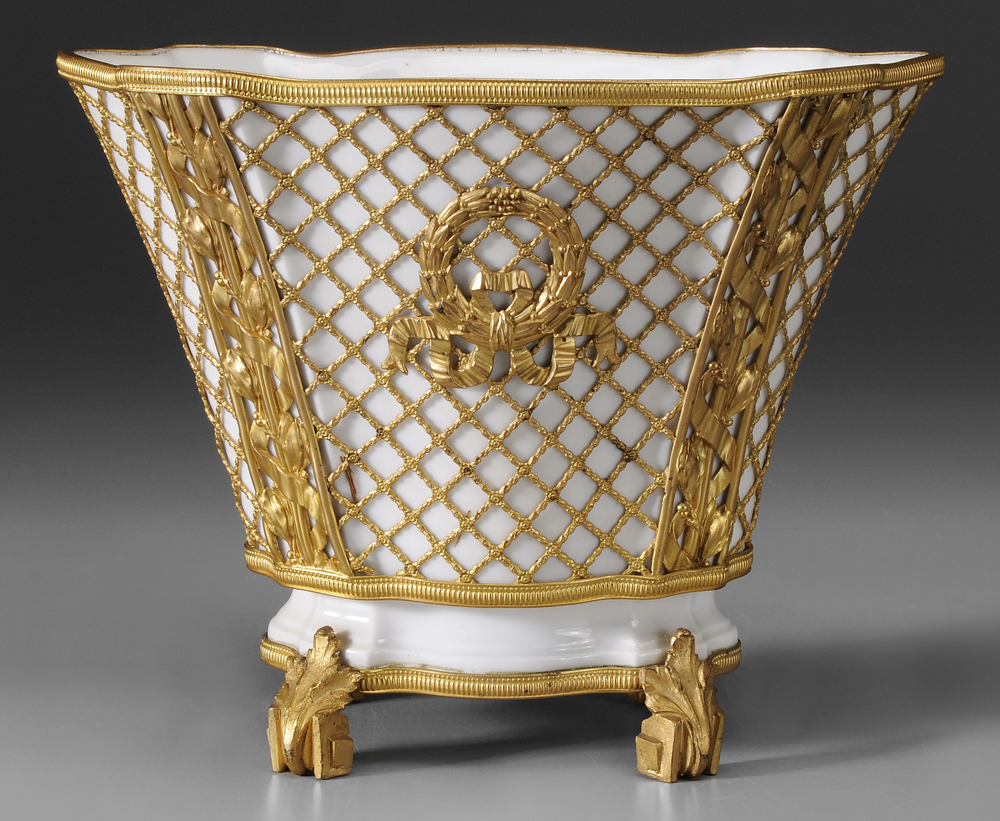 Appraisal: Ormolu-Mounted Berlin Vase German th century white porcelain tapering cartouche