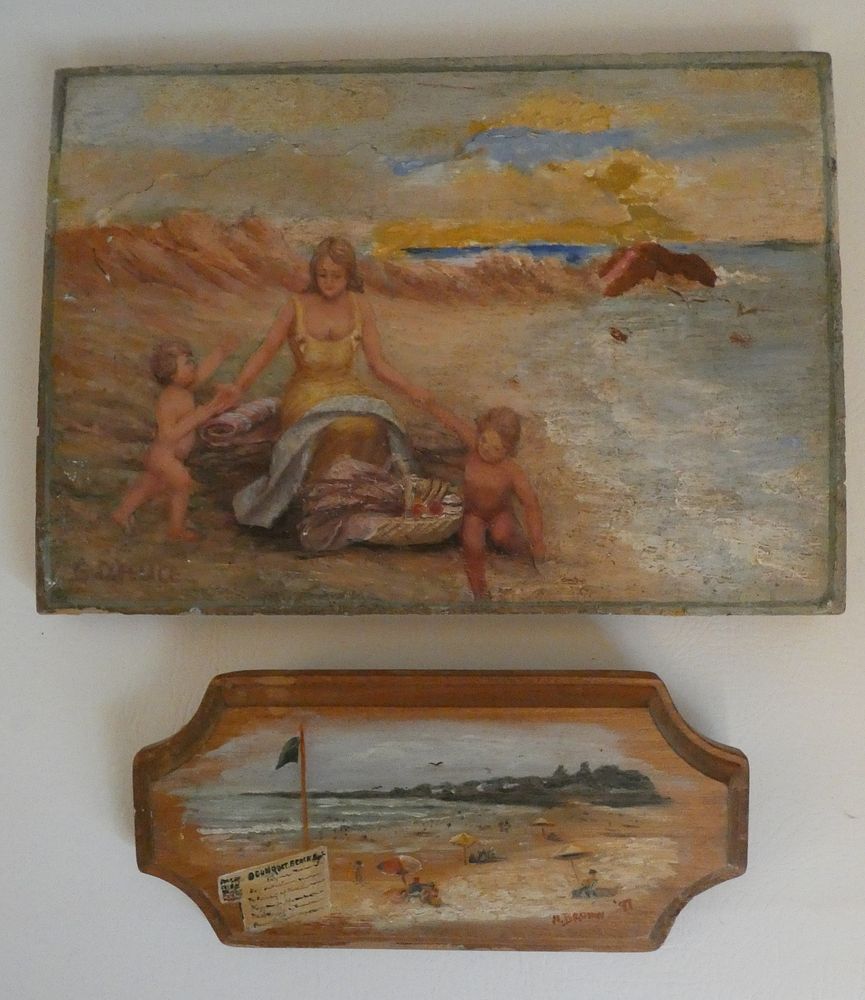 Appraisal: OLD BEACH SCENE PAINTINGS old paintings on wood One signed