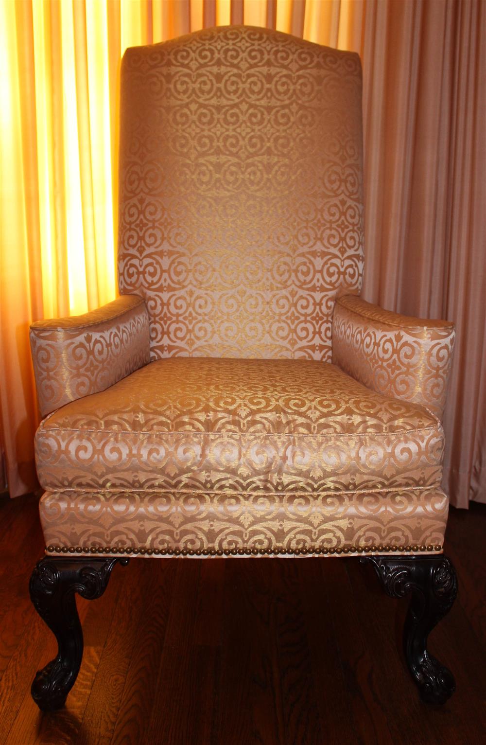 Appraisal: PAIR OF CENTURY CARVED ARMCHAIRS WITH SILK UPHOLSTERY having a