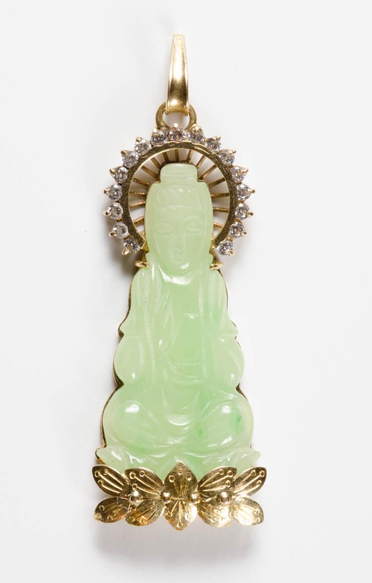 Appraisal: JADE DIAMOND AND EIGHTEEN KARAT GOLD PENDANT with round-cut diamonds