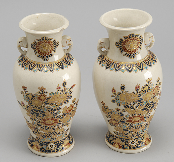 Appraisal: PAIR OF SATSUMA PORCELAIN VASES Late Meiji PeriodIn amphora form