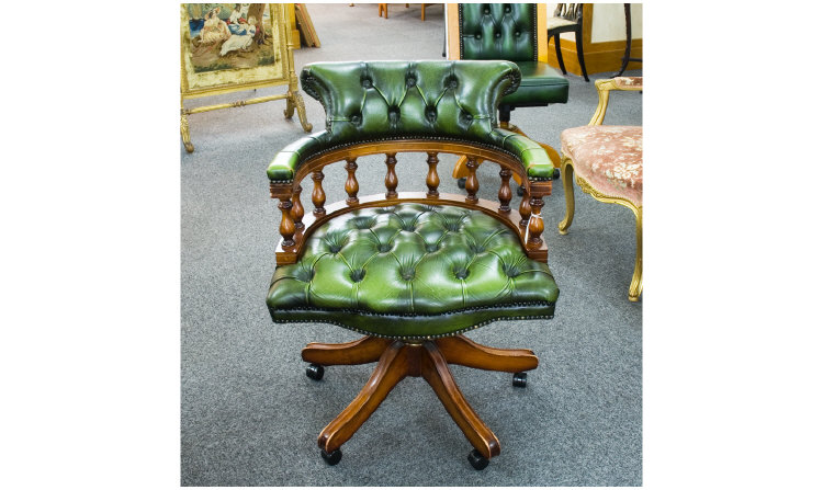 Appraisal: Leather Swivel Captains Chair Button Back Green Leather Upholstered Back