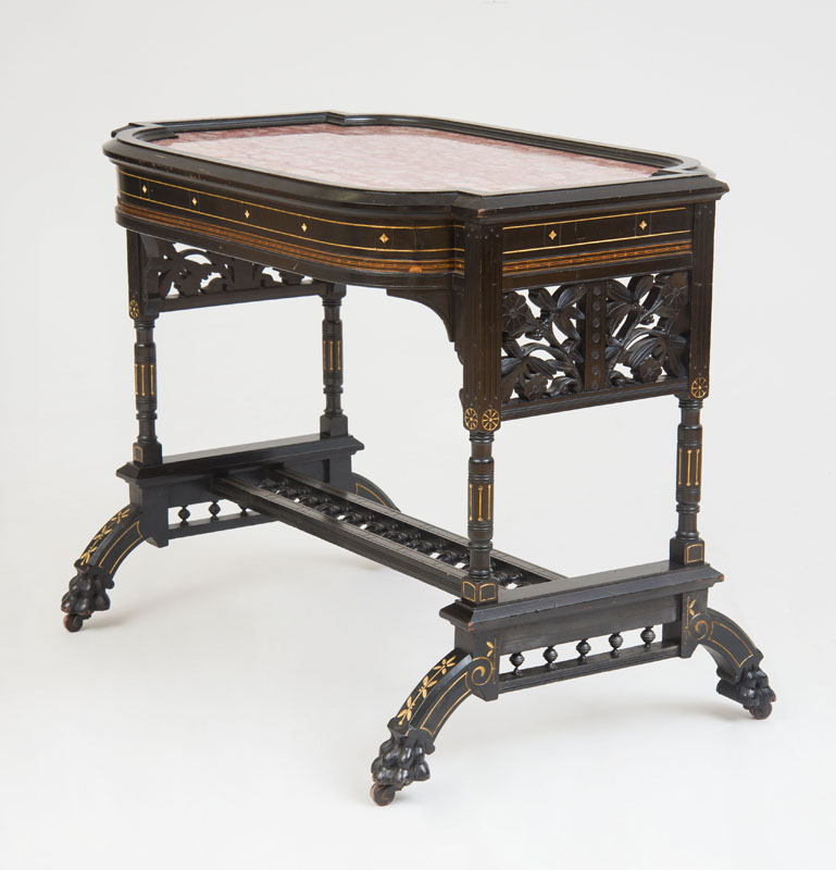 Appraisal: AESTHETIC MOVEMENT MARBLE-TOP CENTER TABLE Ebonized finish gilt-incised carved decoration