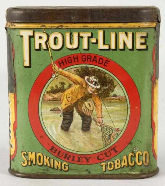 Appraisal: Trout Line Advertising Tobacco Tin Description Beautiful image of man