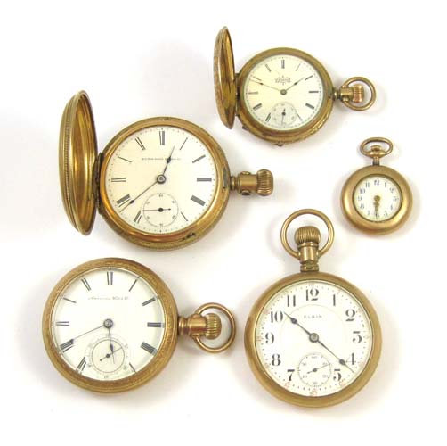 Appraisal: FIVE ANTIQUE POCKET WATCHES small Swiss pendant watch moved stamped