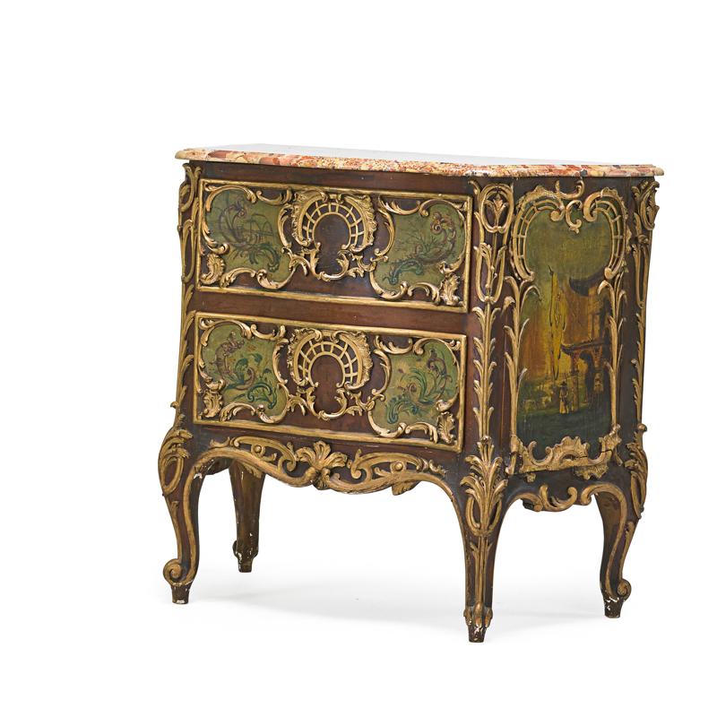 Appraisal: GERMAN ROCOCO STYLE COMMODE Painted and parcel gilt with marble