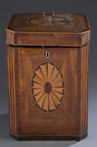 Appraisal: Cross-banded canted square hinged lid with central circular fan motif