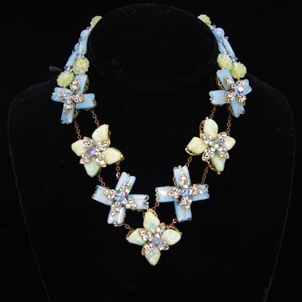 Appraisal: Miriam Haskell Blue Green Shaped Art Glass Layered Floral Necklace