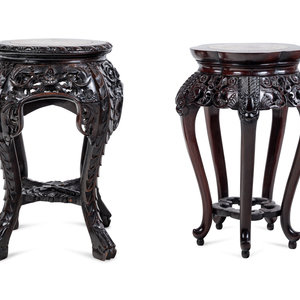 Appraisal: Two Chinese Marble-Inset Carved Hardwood Stands Height of taller example