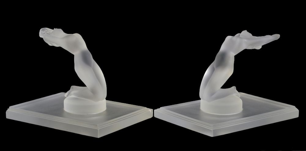 Appraisal: Pr of Lalique Crystal Bookends Chrisis Laliqued frosted crystal figurine