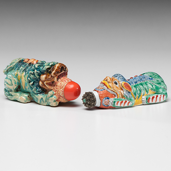 Appraisal: Chinese th century Two polychrome porcelain snuff bottles in the